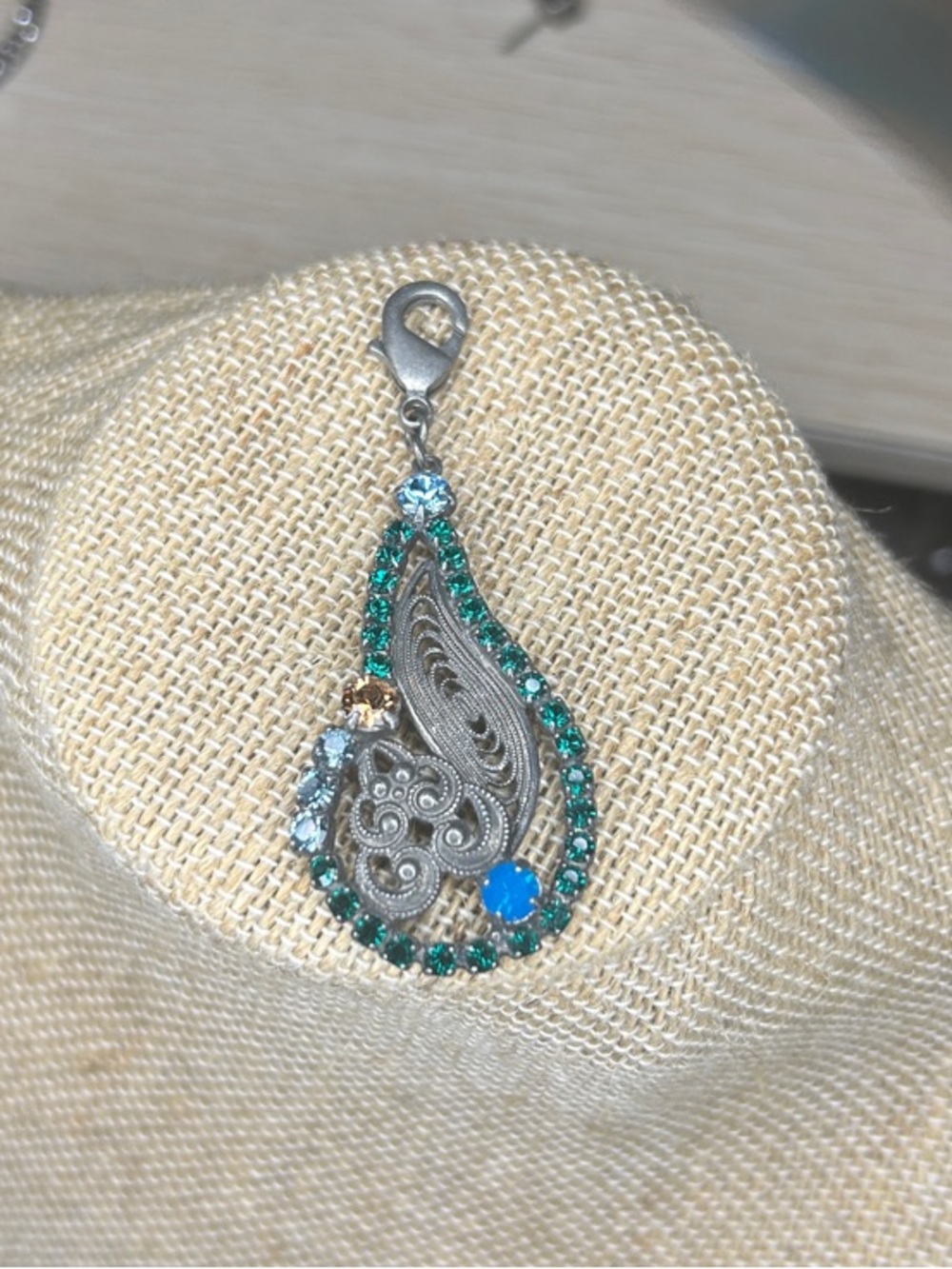 Silver Teardrop Pendant with Green and Blue Accents